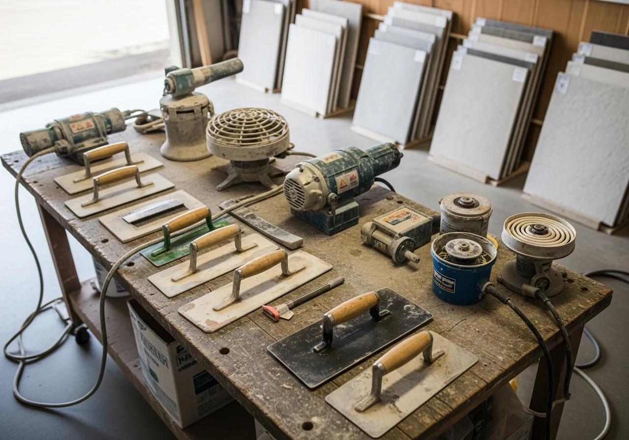 Concrete finishing tools and epoxy application equipment arranged on a work surface, ready for job site deployment.