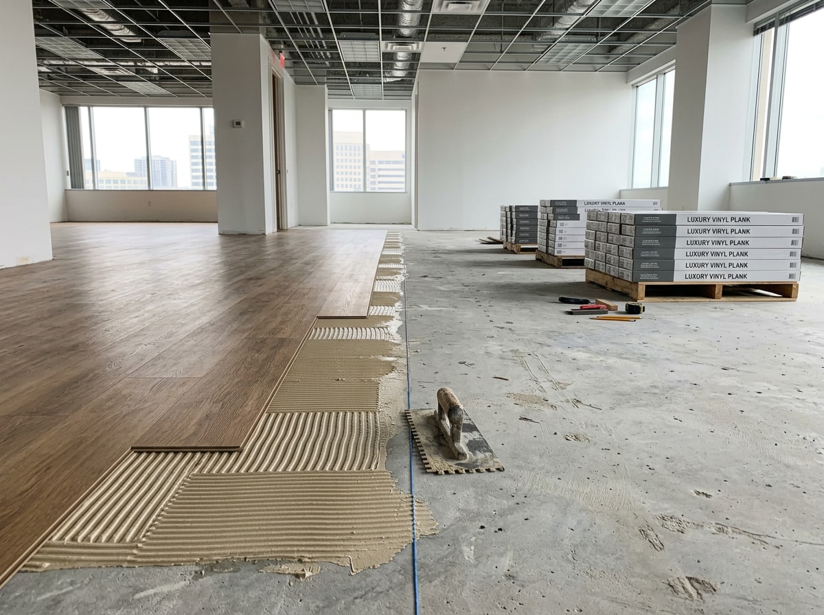 Glue-down commercial luxury vinyl plank being installed in an empty Honolulu office suite