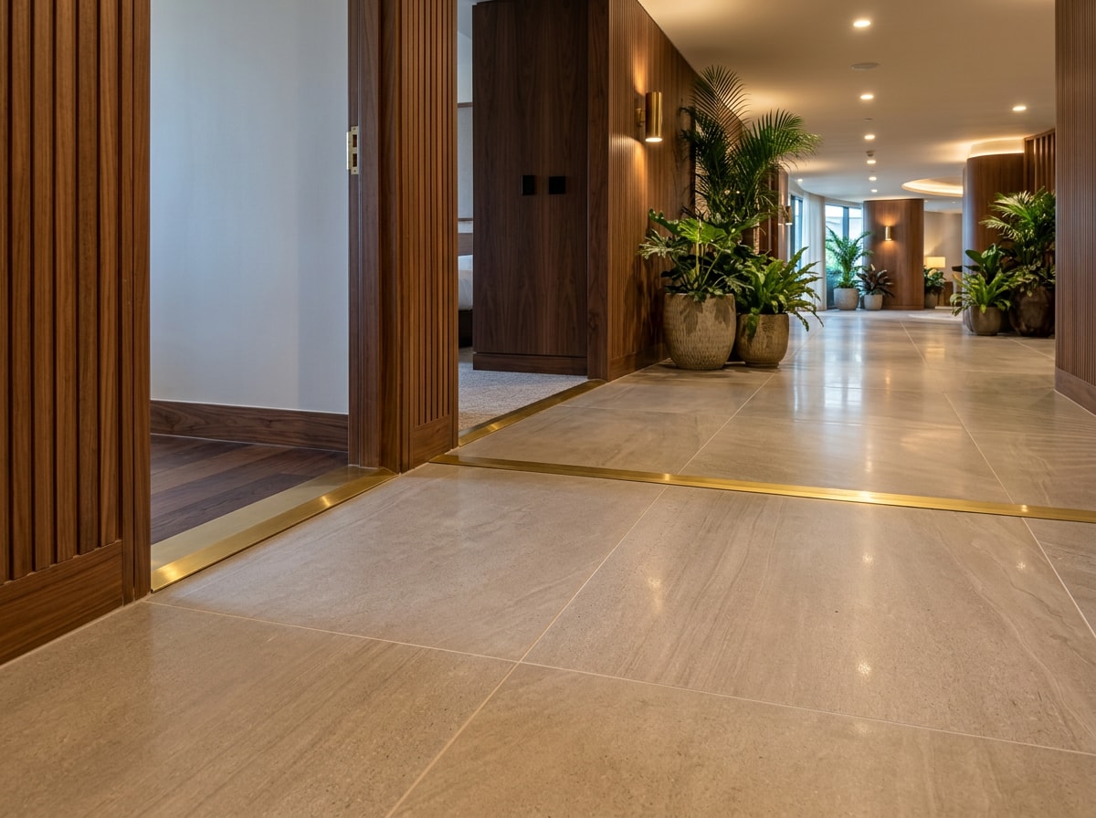 Finished commercial tile floor in a Honolulu hotel lobby with polished transitions
