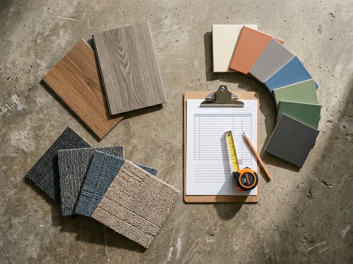 Commercial flooring samples and a written line-item estimate laid out on a job site