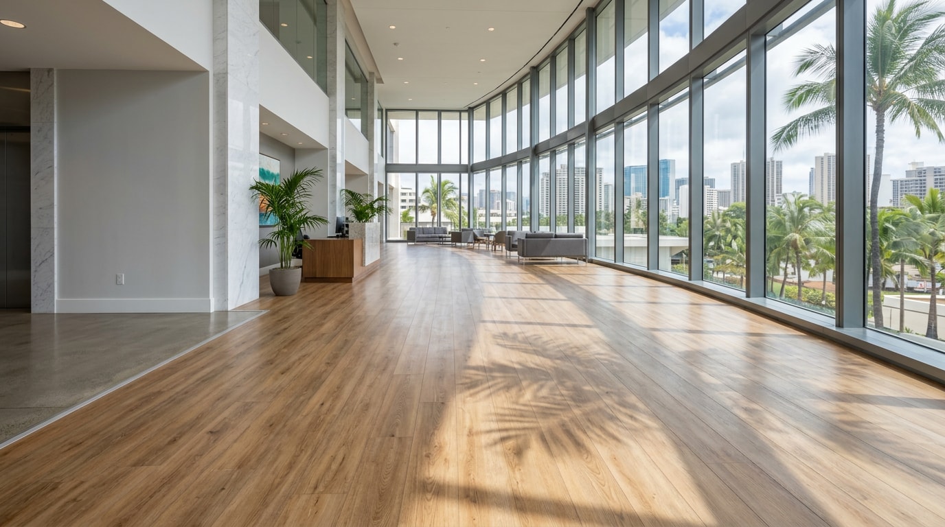 Finished commercial luxury vinyl plank flooring in a bright Honolulu office lobby