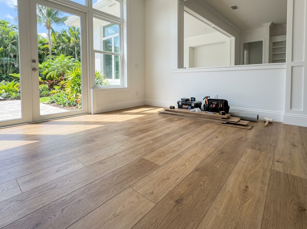Luxury vinyl plank flooring installed in a bright Lanai City living room