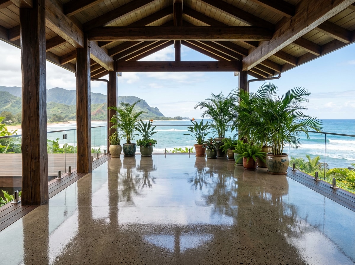 Polished and epoxy coated concrete floor on a covered lanai slab