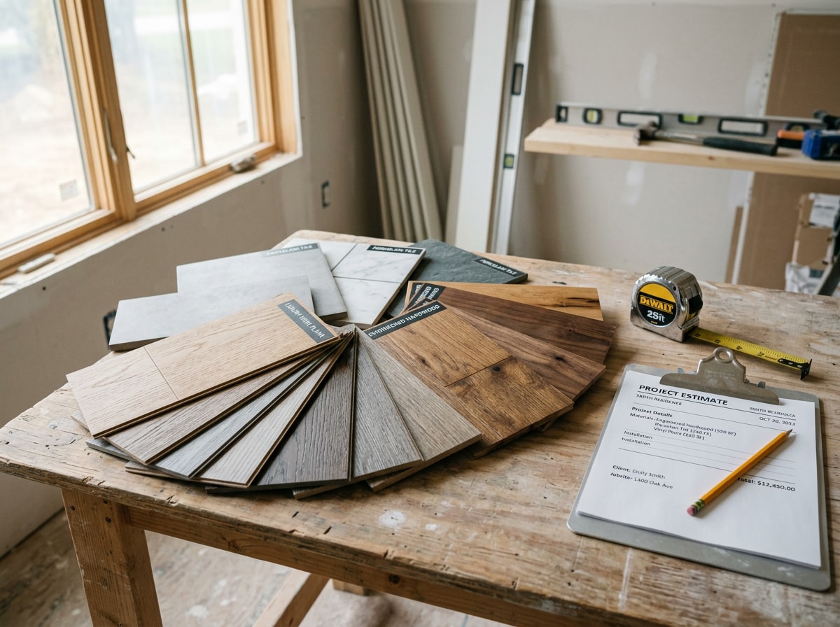 Flooring samples, tape measure and estimate paperwork on a jobsite table