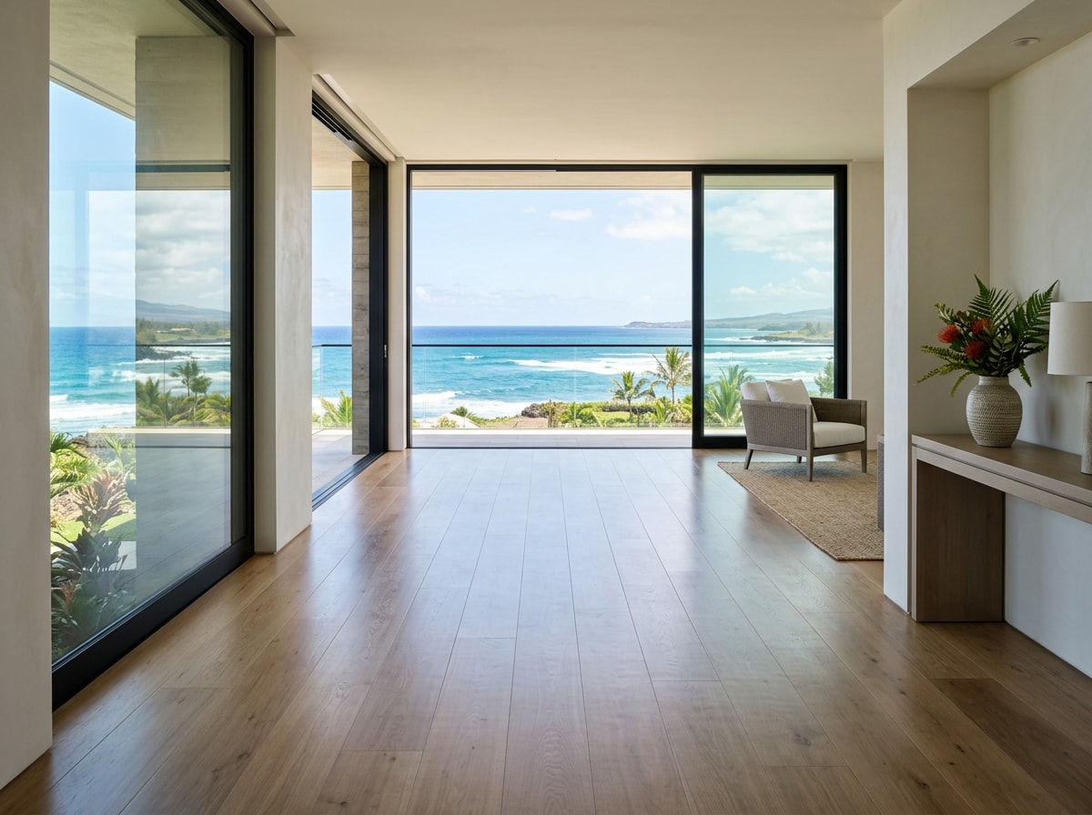 Finished wide plank flooring in a coastal Lanai home with ocean view windows