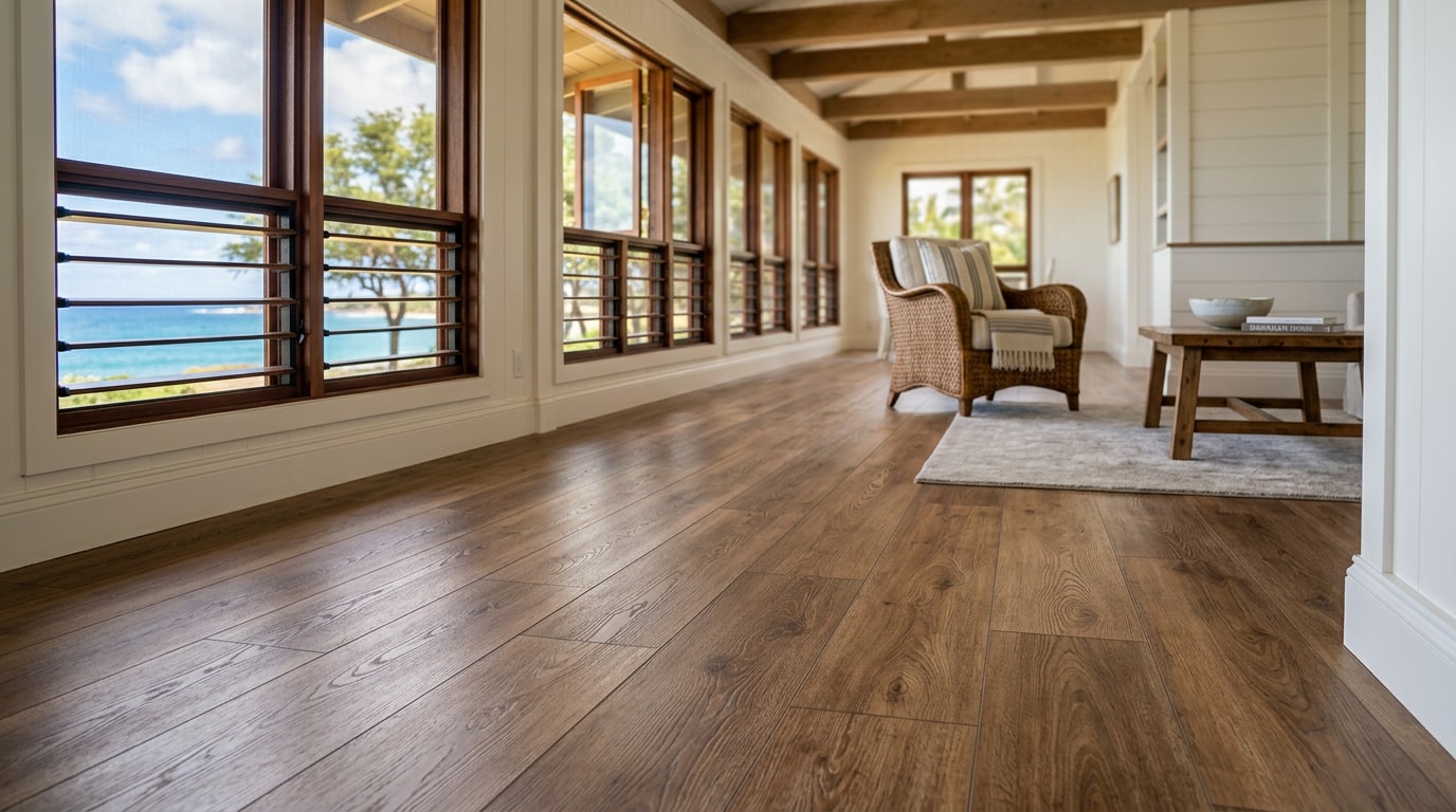 Finished luxury vinyl plank flooring in a Lanai plantation-style home interior Finished luxury vinyl plank flooring in a Lanai plantation-style home interior