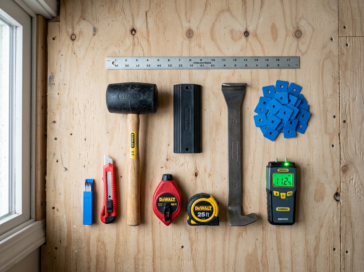 Flat lay of vinyl plank installation tools including tapping block, pull bar, spacers, and utility knife on a clean floor