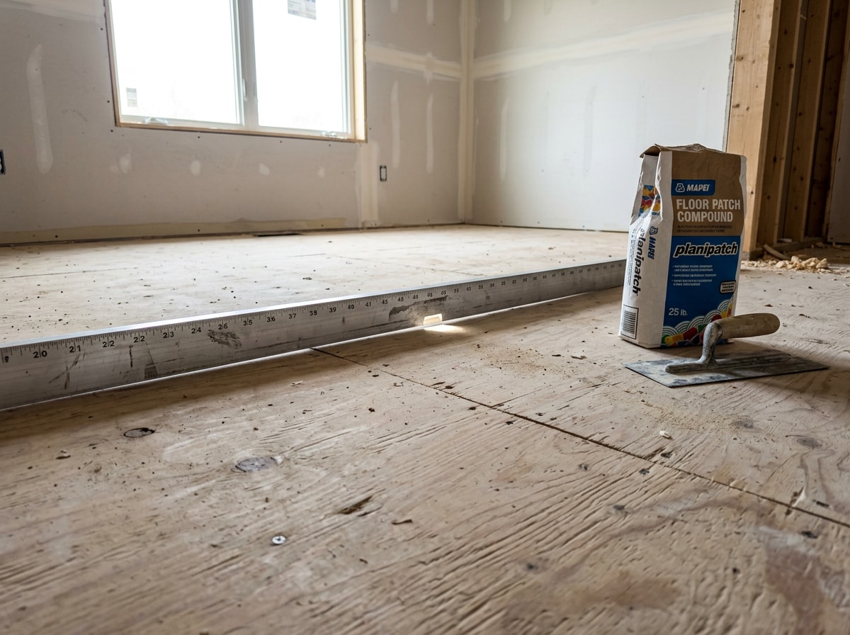 Long aluminum straightedge laid across a bare plywood subfloor to check flatness before vinyl plank installation