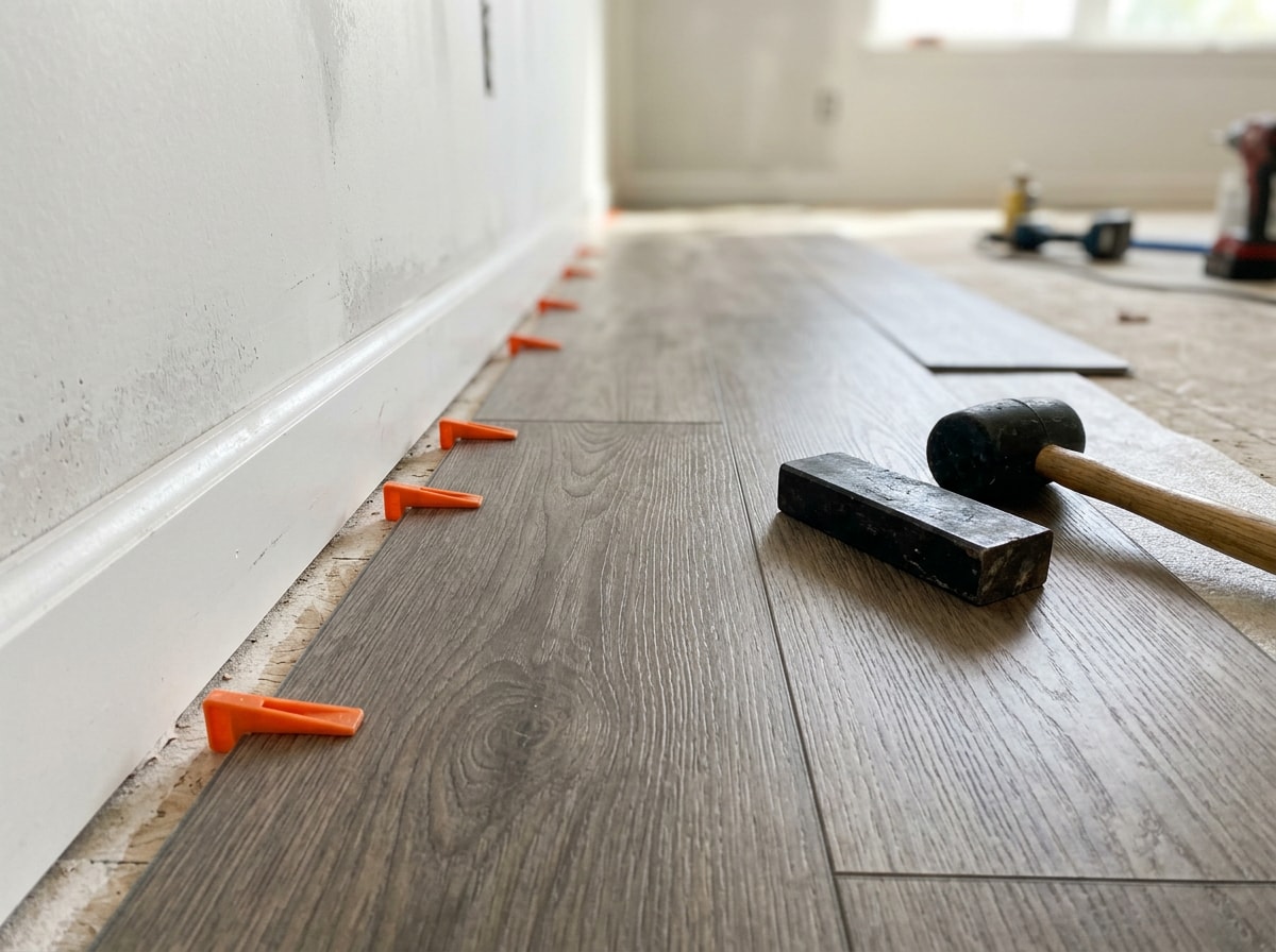 Quarter inch spacers set between a wall and the first row of vinyl plank flooring