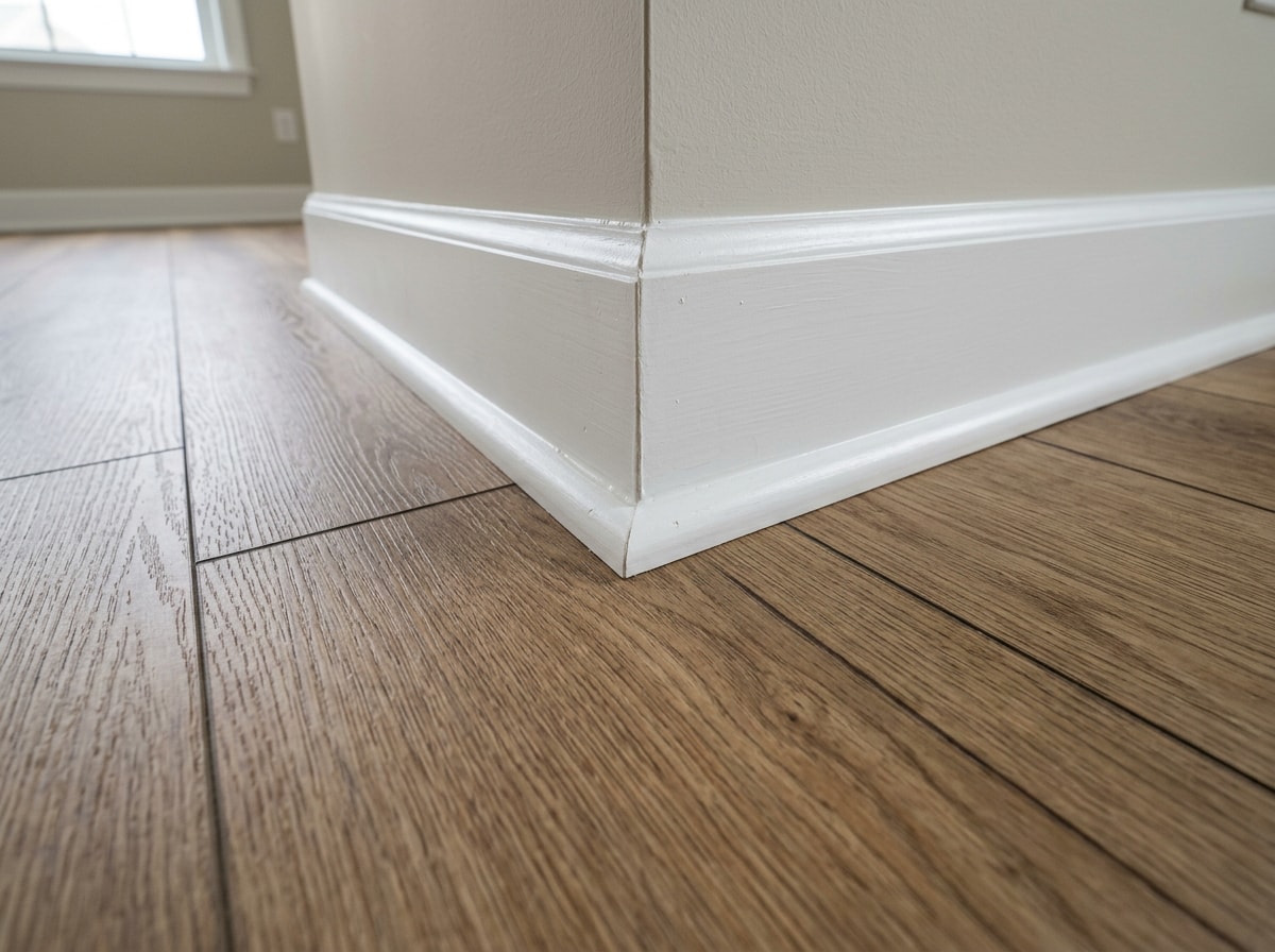 Finished wood look vinyl plank floor with shoe molding installed along the baseboard