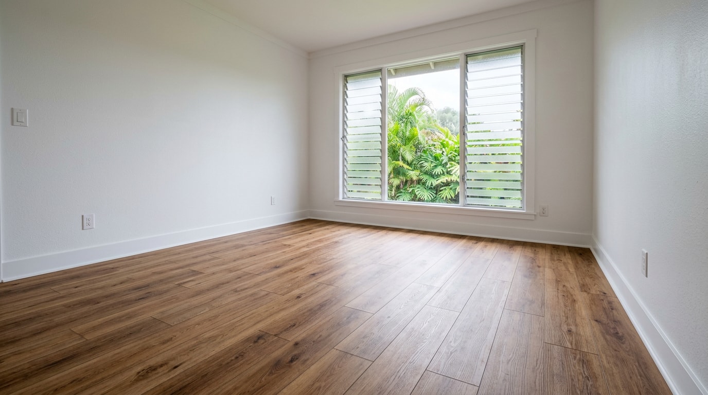 Finished wood-look vinyl plank floor in a bright empty Hilo bedroom Finished wood-look vinyl plank floor in a bright empty Hilo bedroom