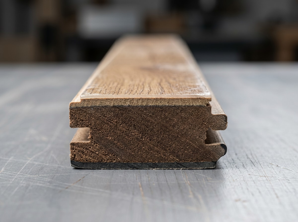 Macro photo of a laminate plank edge showing the wear layer, printed design layer, HDF core and melamine backing