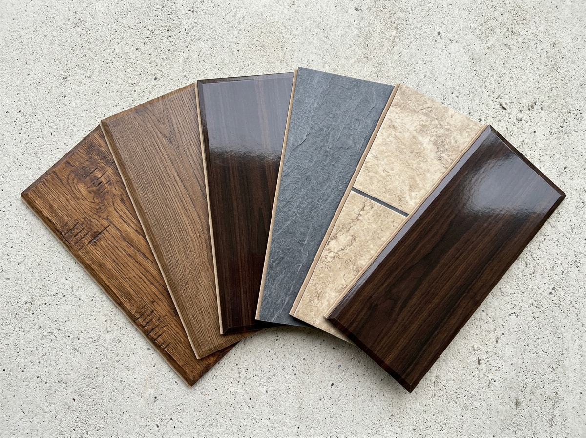 Laminate flooring samples arranged on a work surface showing wood look, stone look, hand scraped and high gloss finishes