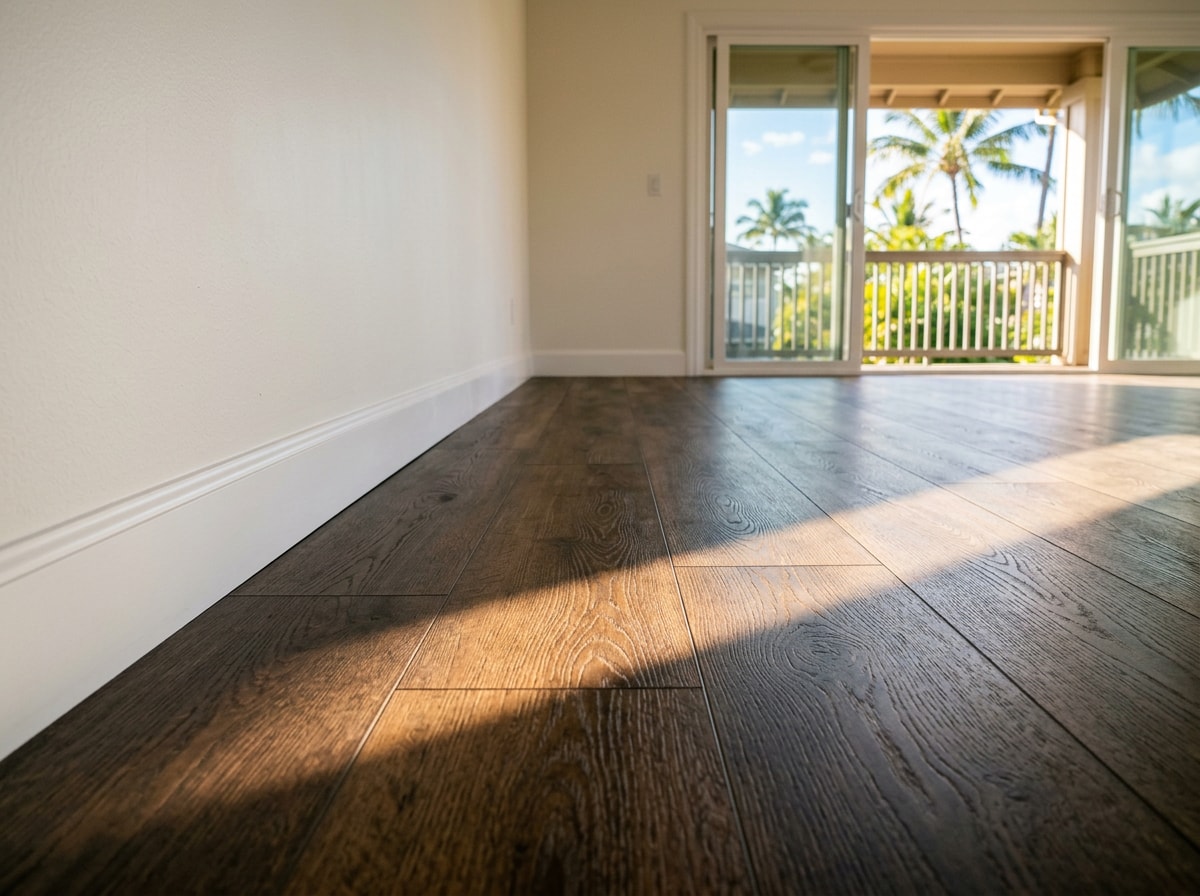 Wood look laminate flooring installed in a bright Kihei living area with lanai doors and natural light