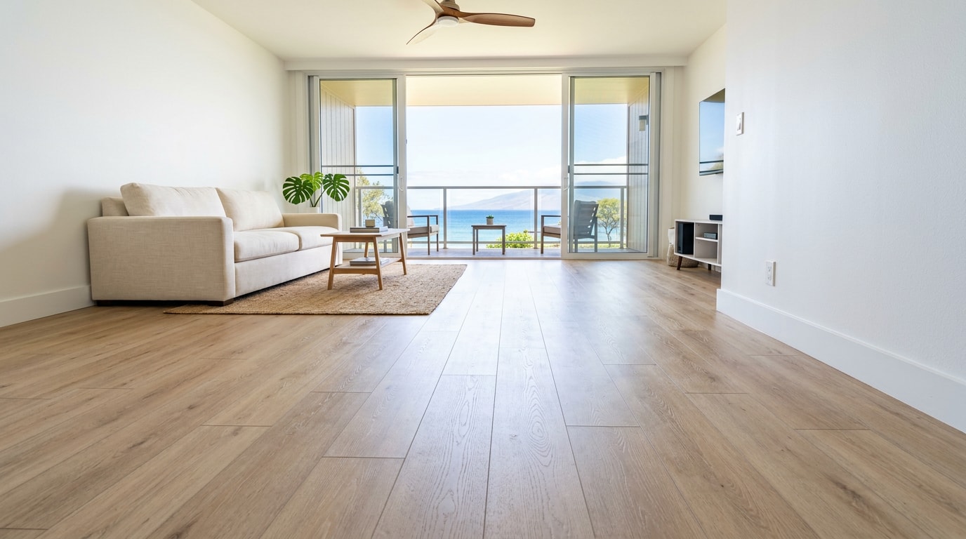 Light oak wood look laminate flooring installed in a bright Kihei condo living room with open lanai doors Light oak wood look laminate flooring installed in a bright Kihei condo living room with open lanai doors