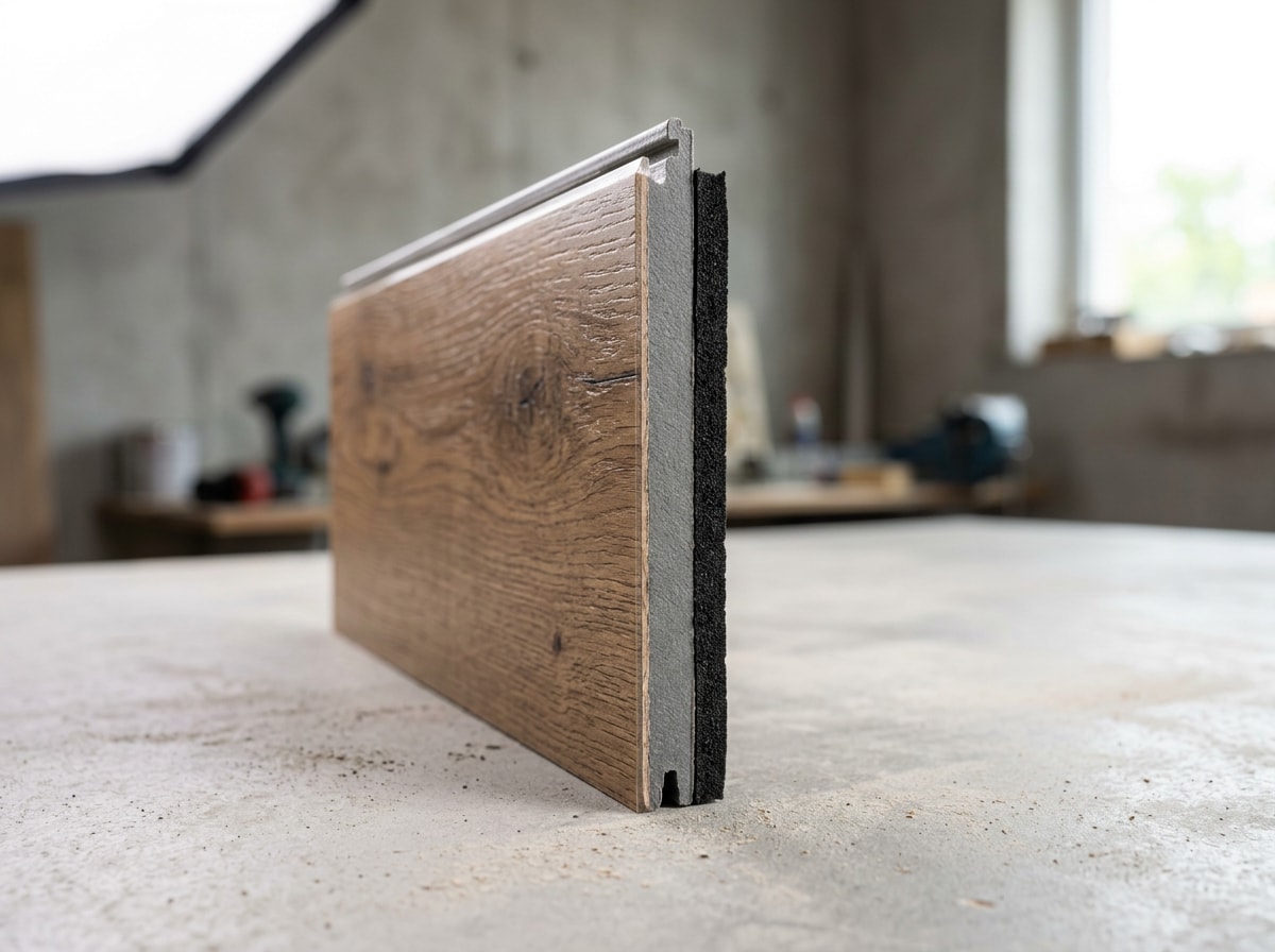 Close-up of an SPC flooring plank edge showing the dense stone plastic composite core, printed layer and attached IXPE backing