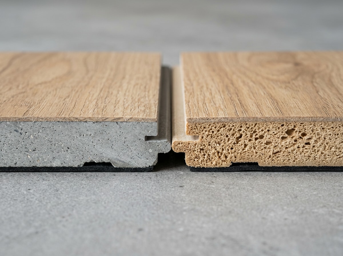 Side by side cross section comparison of an SPC stone core plank and a WPC wood plastic composite plank