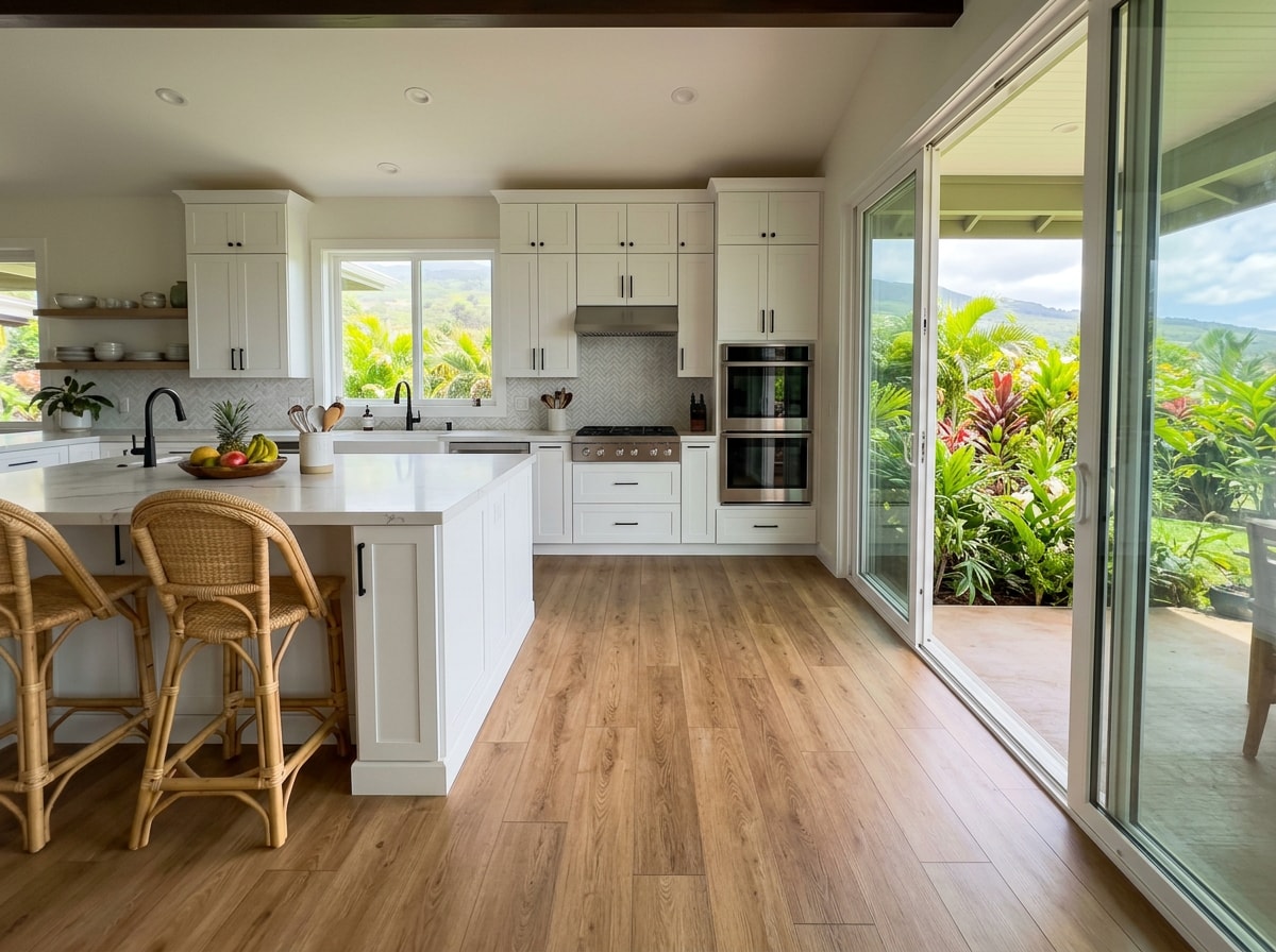 Wood look SPC flooring installed in a bright upcountry Maui kitchen with open lanai doors