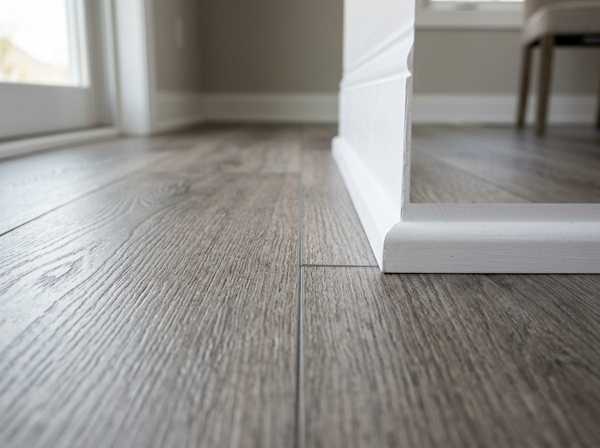 Detail of SPC plank click lock seam installed tight against a baseboard with a concealed expansion gap