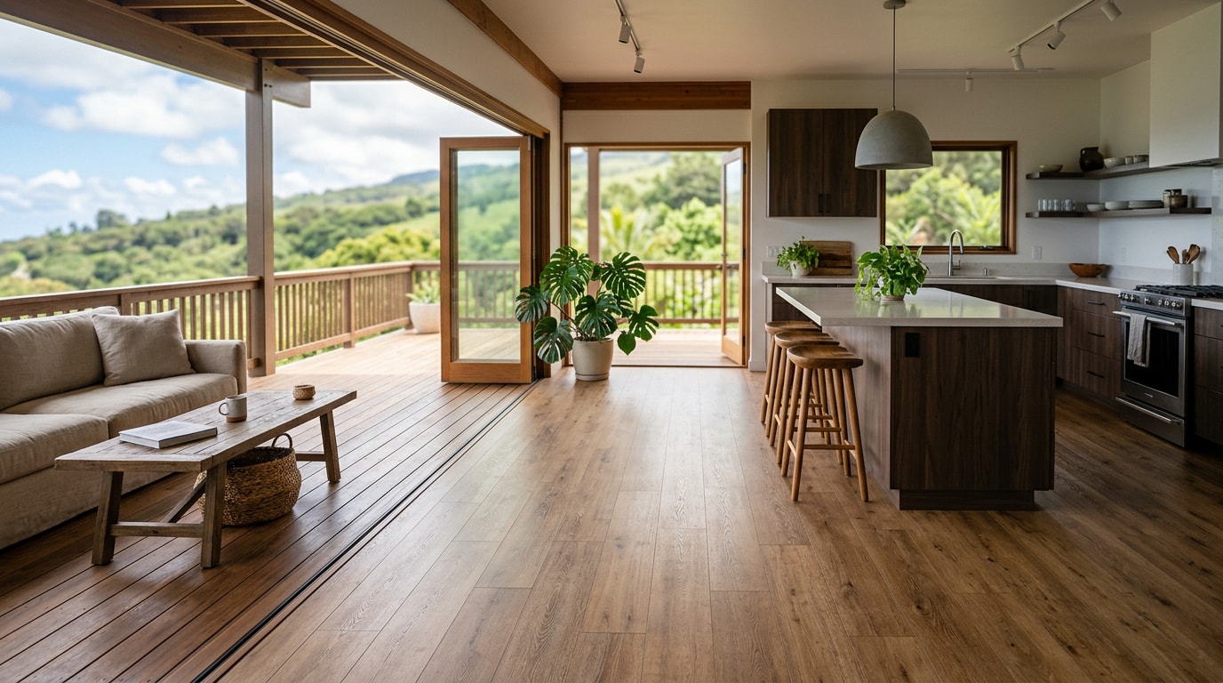 Wood look SPC flooring installed in an open plan Kula, HI living area with open lanai doors Wood look SPC flooring installed in an open plan Kula, HI living area with open lanai doors