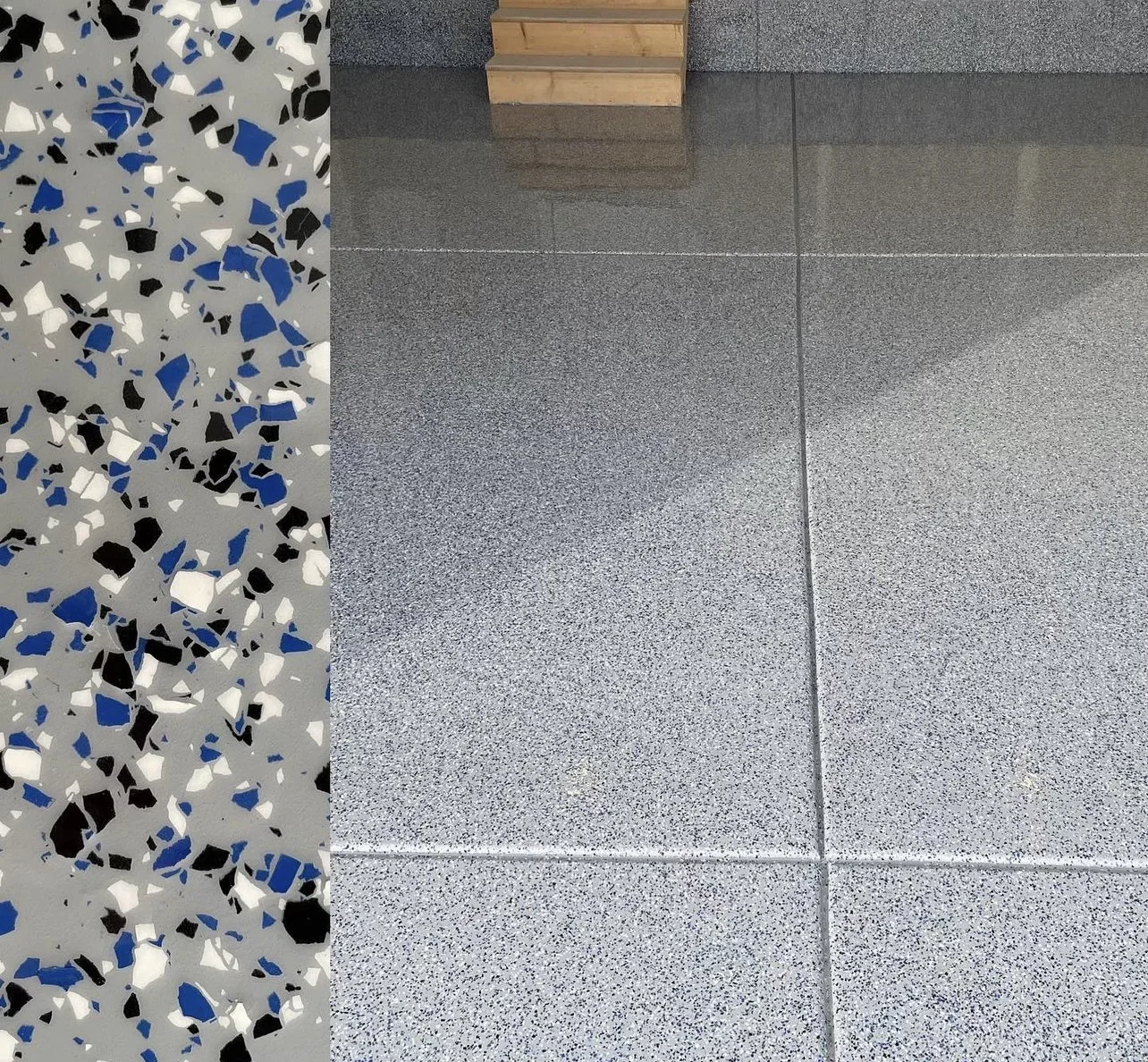 Terrazzo flooring with blue, black, and white chips next to polished gray concrete tiles