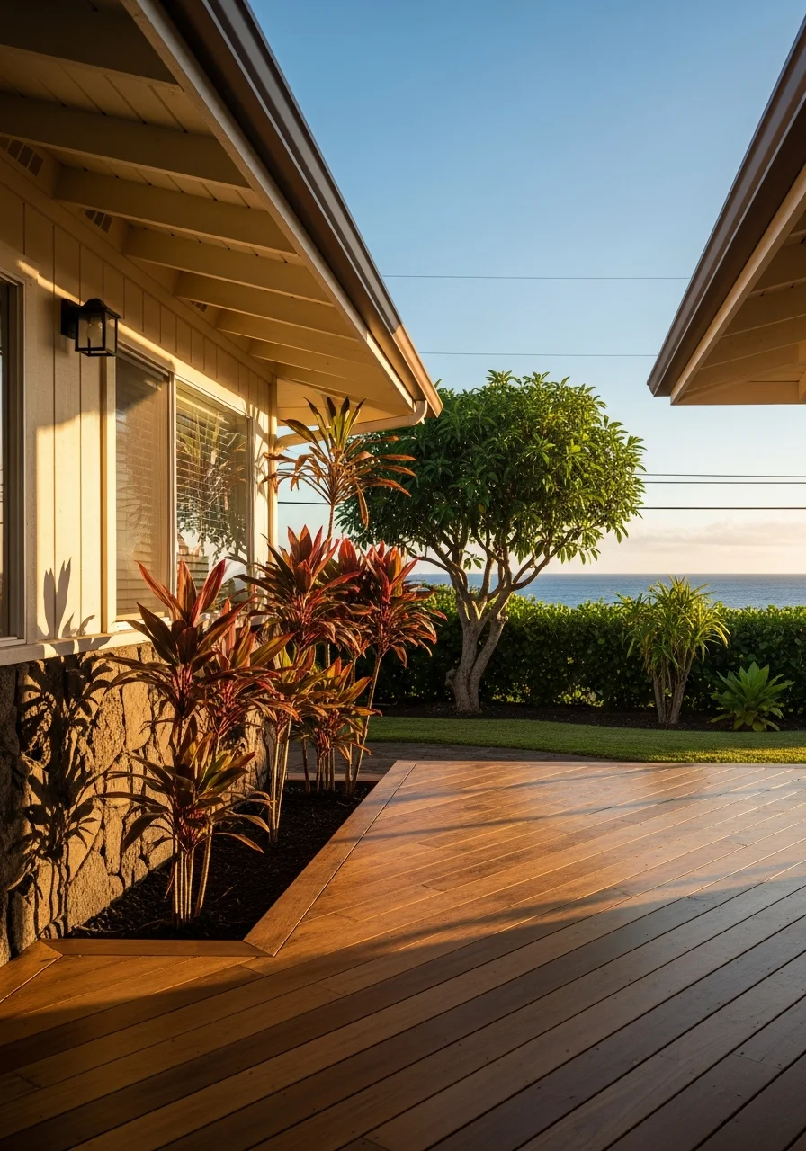 Close-up of a well-maintained residential home exterior with native Hawaiian landscaping and ocean view in the background.