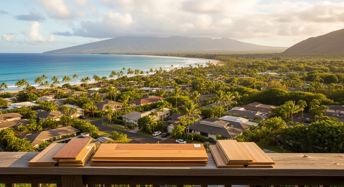 Aerial view of Hawaiian coastline with turquoise water, white sand beach, and residential homes nestled among palm trees and tropical vegetation.