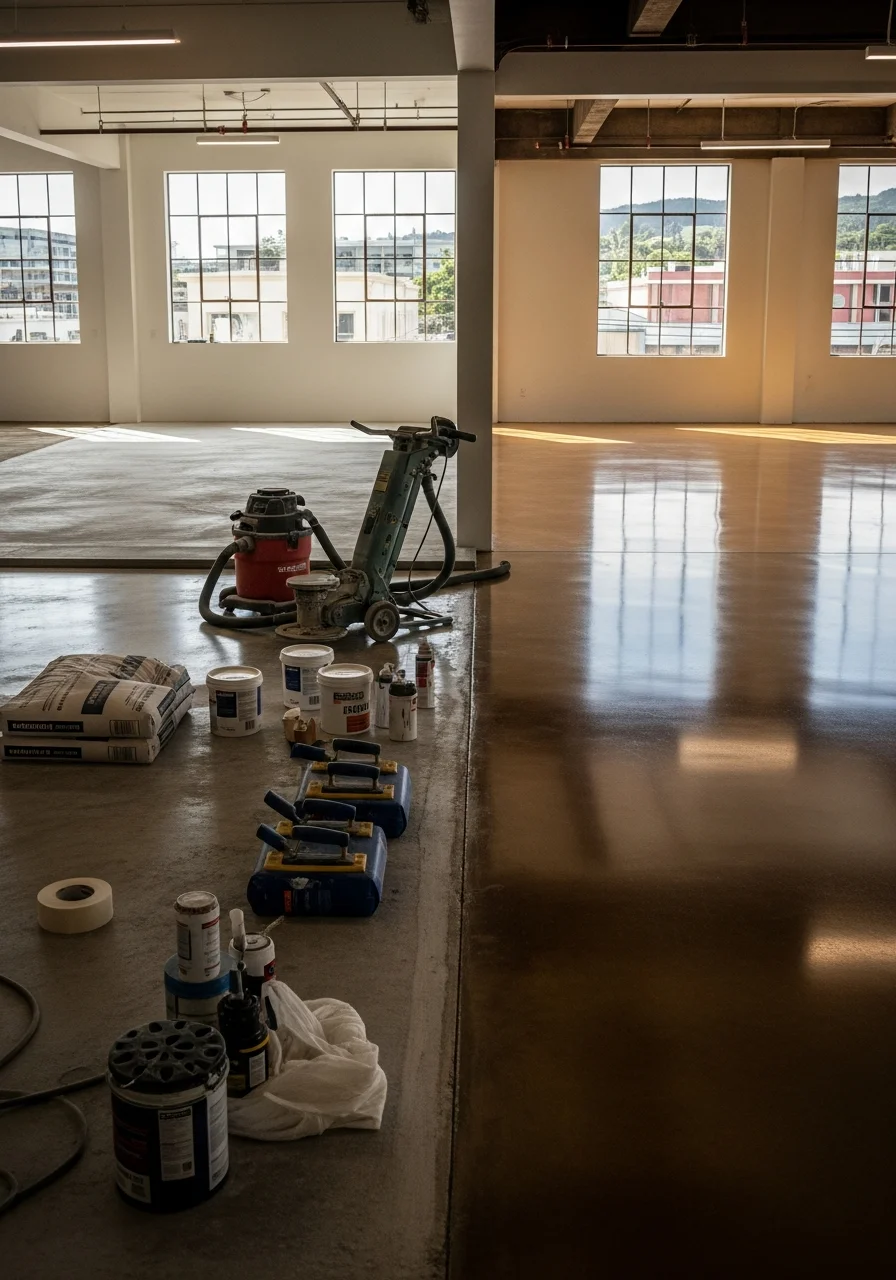 Polished concrete flooring installation in modern Hilo commercial space