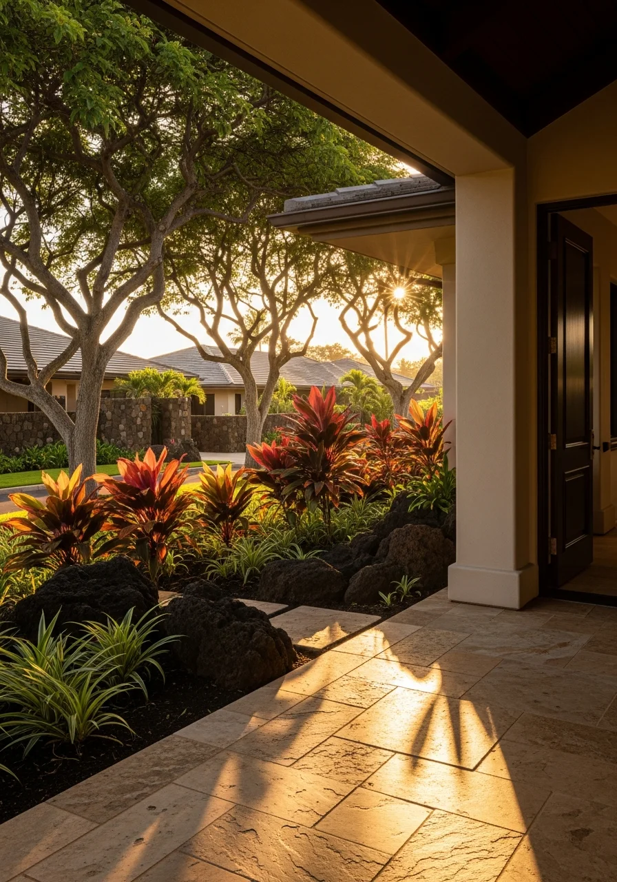 Kapalua residential exterior with premium finishes, tropical landscaping, and typical resort community setting.