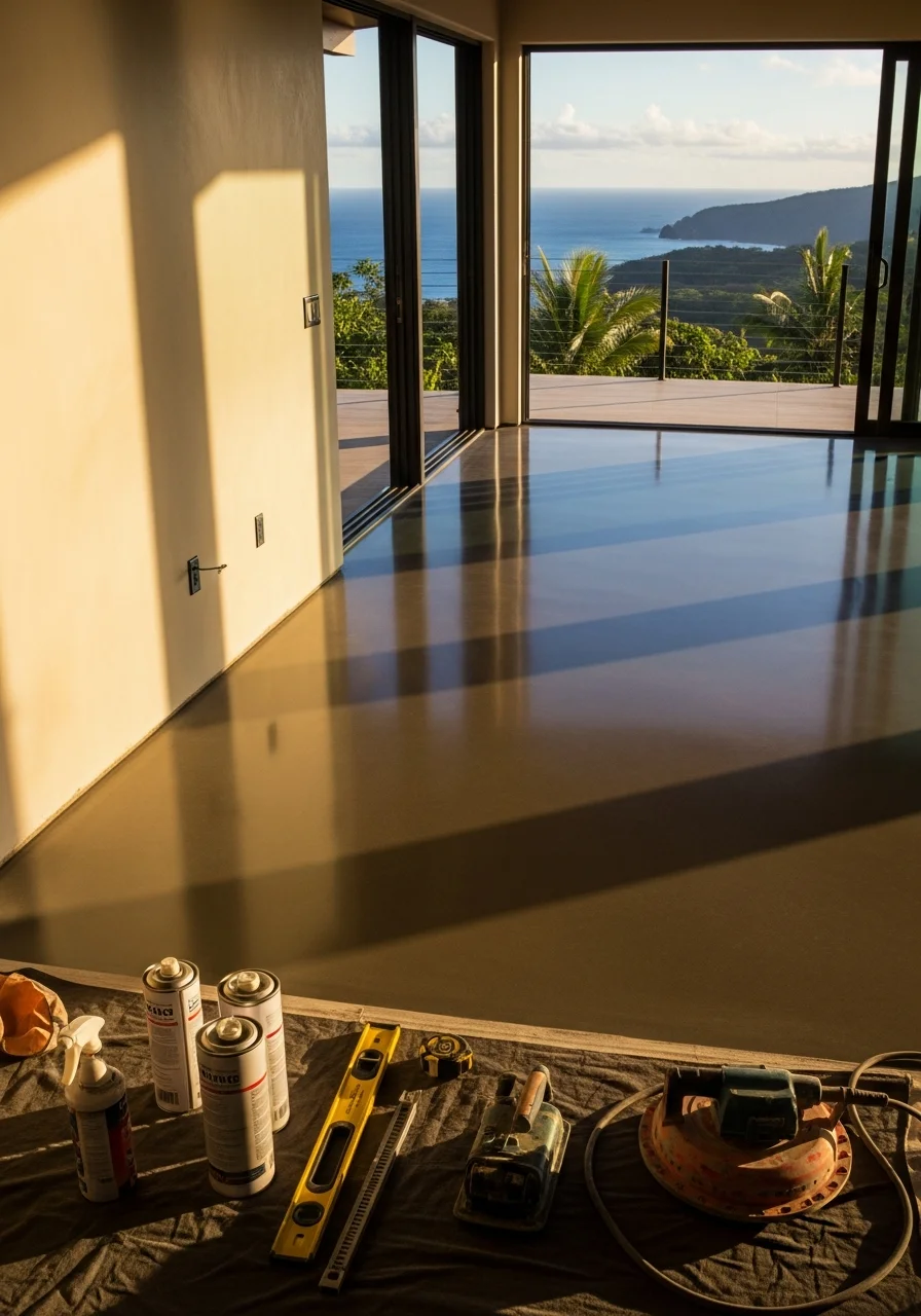 Modern polished concrete flooring in a Kauai home with ocean views