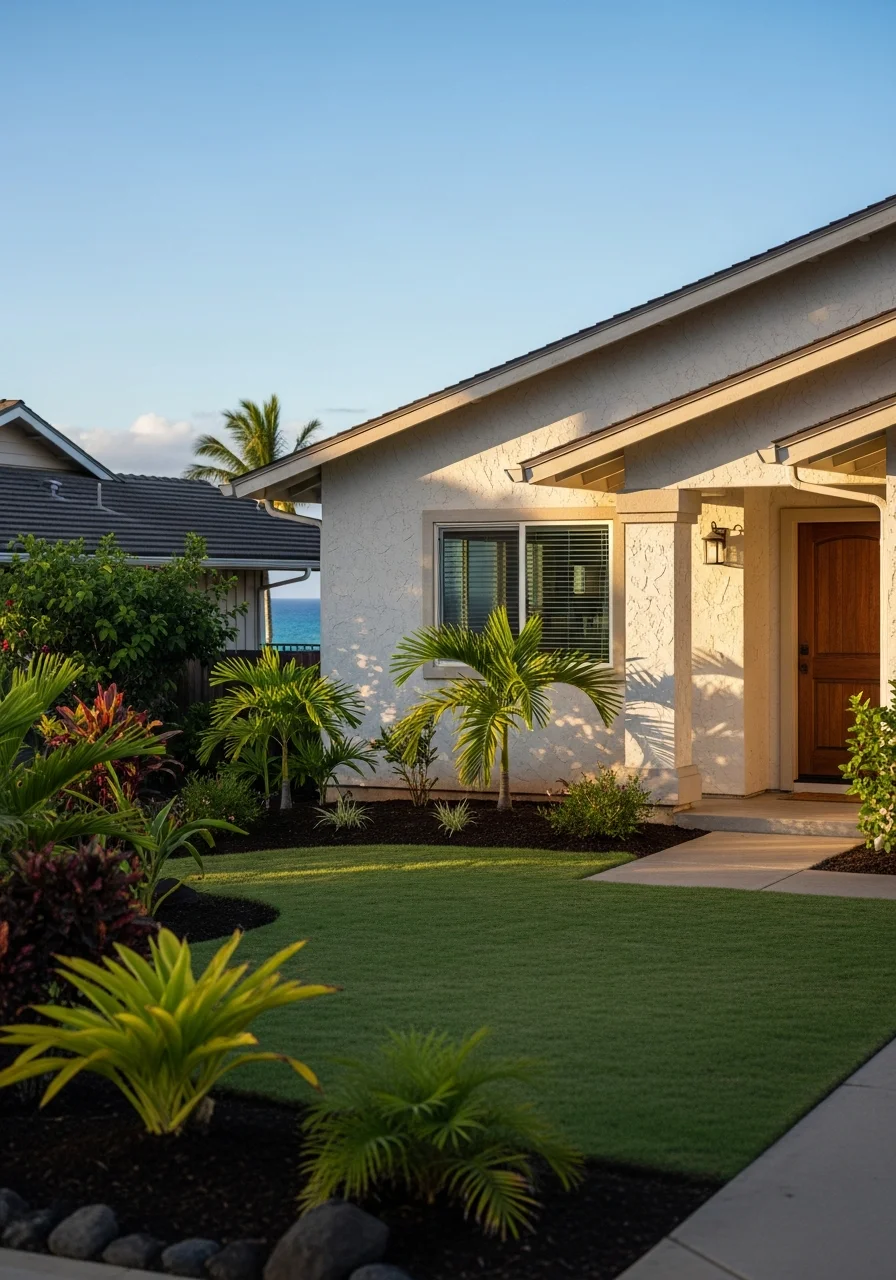 Kihei residential property with well-maintained exterior, tropical landscaping, and ocean view in background.