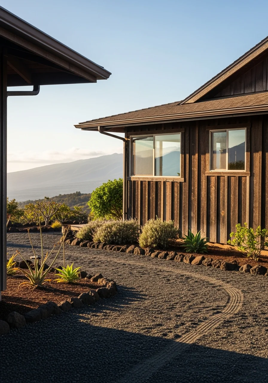 Kula home exterior with typical upcountry architecture, landscaping suited to elevation, and rural Maui setting.