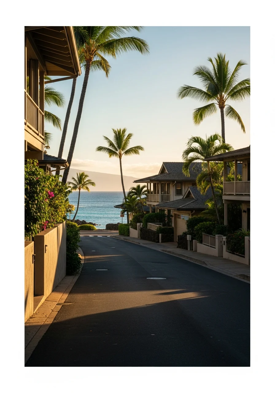 Lahaina beachfront residential area showing homes with ocean access, palm trees, and typical west Maui coastal setting.