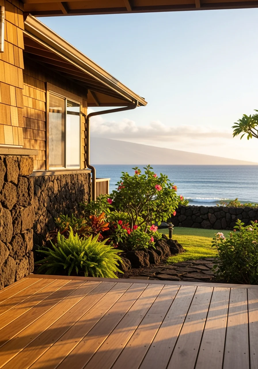 Maui coastal home with traditional architecture, well-maintained exterior, and tropical garden overlooking the Pacific Ocean.