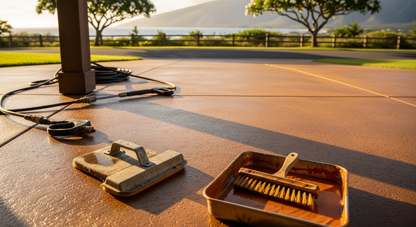 A color stained concrete patio at a Hawaii residential property, showing rich earthy tones with a sealed, smooth finish. The surface extends toward an outdoor living area under bright island sunlight.