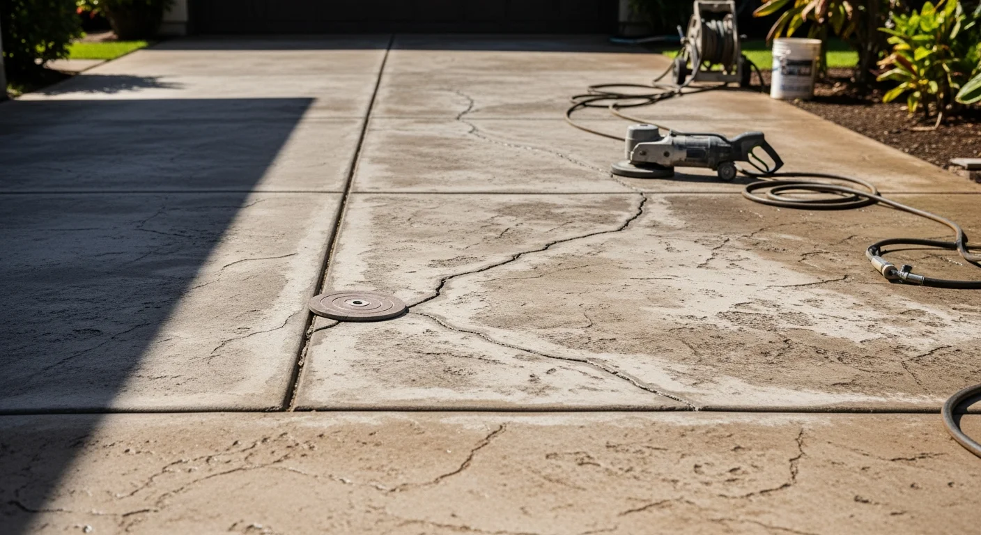 A refinished concrete lanai surface on a Hawaii residential property, showing a smooth, even finish free of cracks and spalling. The restored slab contrasts with the surrounding tropical landscaping typical of Hawaii homes.