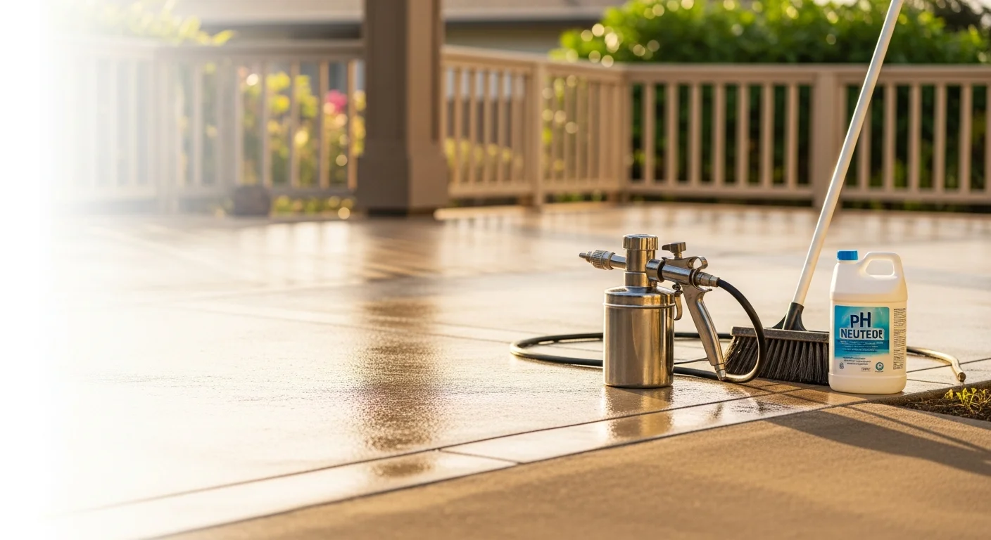 A sealed concrete lanai at a Hawaii residential property with a smooth, even surface finish showing water-resistant sheen under bright tropical sunlight. The surrounding landscape reflects the island setting, with the sealed surface visibly protected against moisture and UV exposure.
