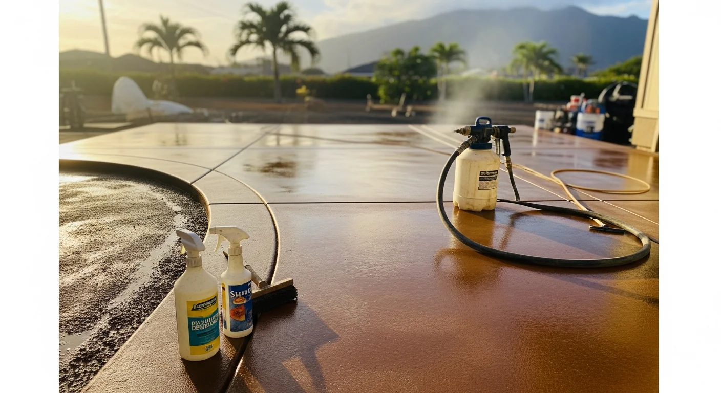 A freshly stained concrete patio at a Hawaii residential property showing rich, variegated earth-tone color with a sealed finish. The surface reflects natural light and shows clean edges along an outdoor living area.
