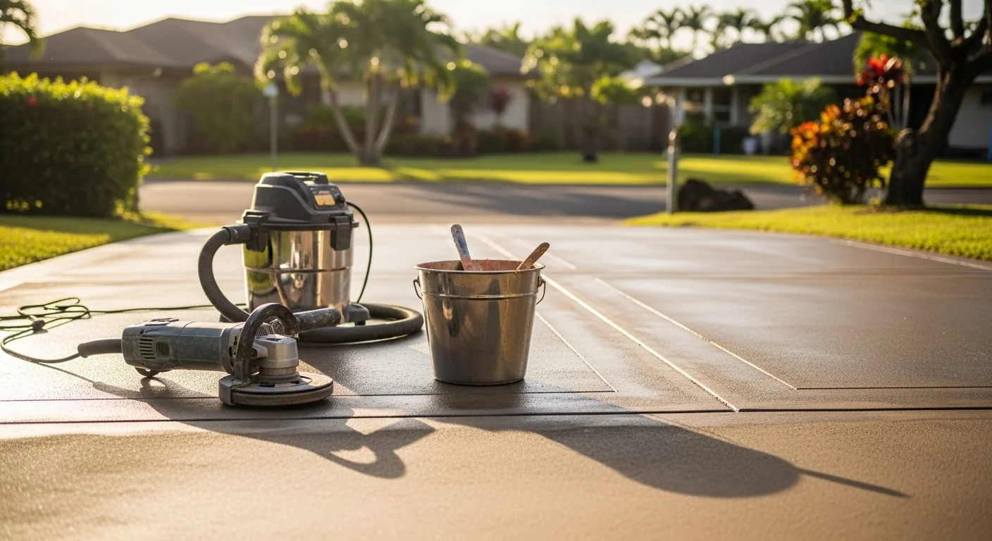 Freshly installed decorative concrete patio with a stamped stone-pattern finish at a Hawaii residential property. The surface shows rich earth-tone coloring suited to an outdoor living area with tropical landscaping in the background.