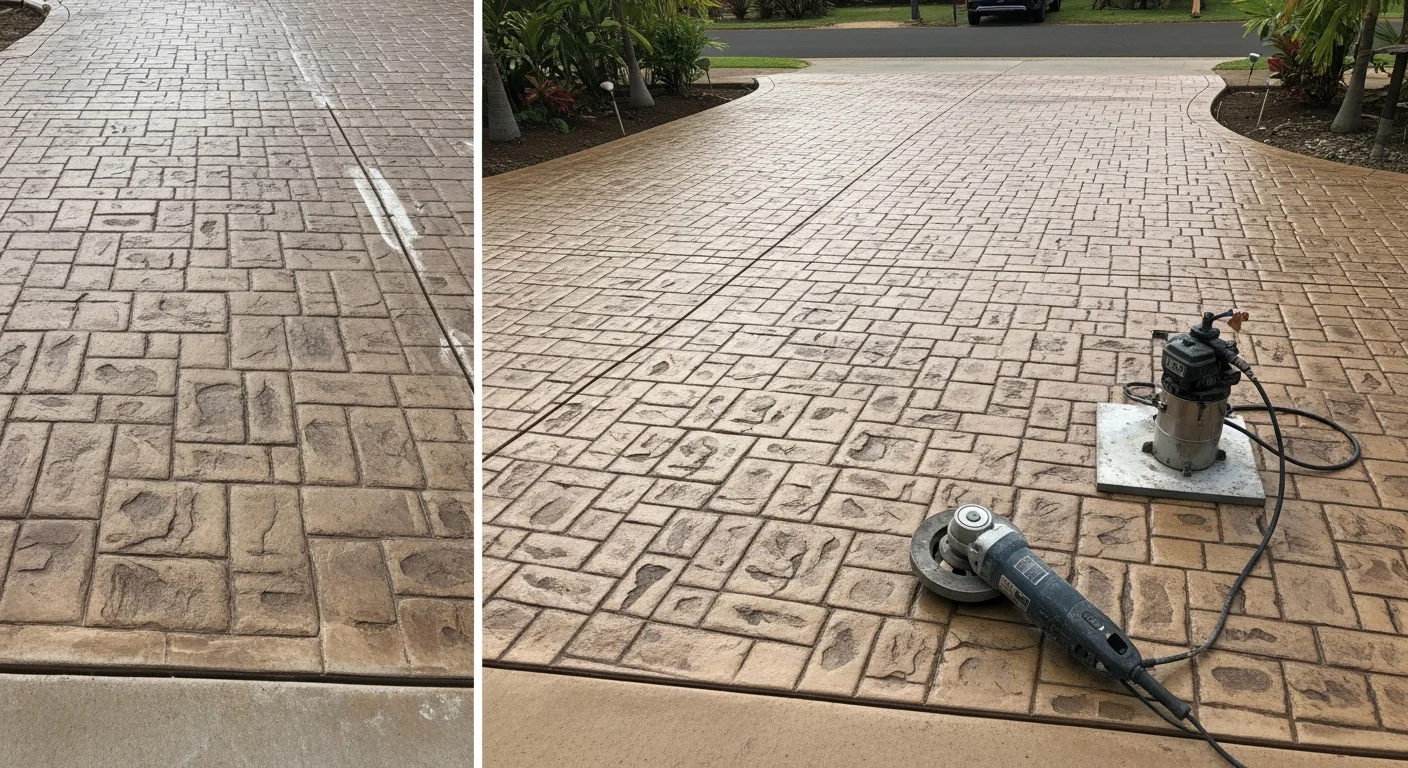 A stamped decorative concrete patio with a flagstone pattern on a Hawaii residential lanai, showing a sealed surface with natural earth tones under bright island sunlight. The finished floor connects an indoor living space to an outdoor pool deck area.
