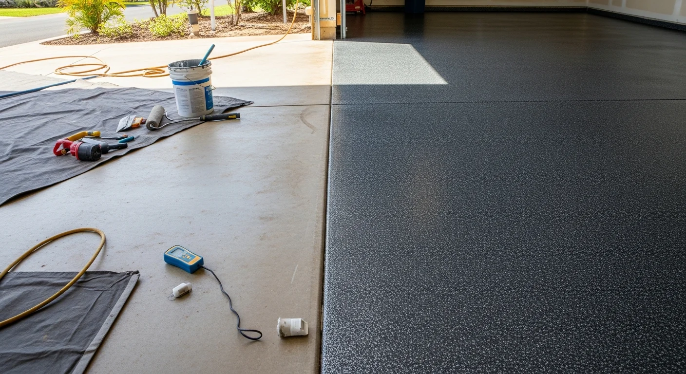 Freshly installed high-gloss epoxy garage floor in a Hawaii residential property, showing a smooth, seamless gray surface with decorative color flakes under bright overhead lighting. The floor reflects light evenly with no cracks, stains, or bare concrete visible.