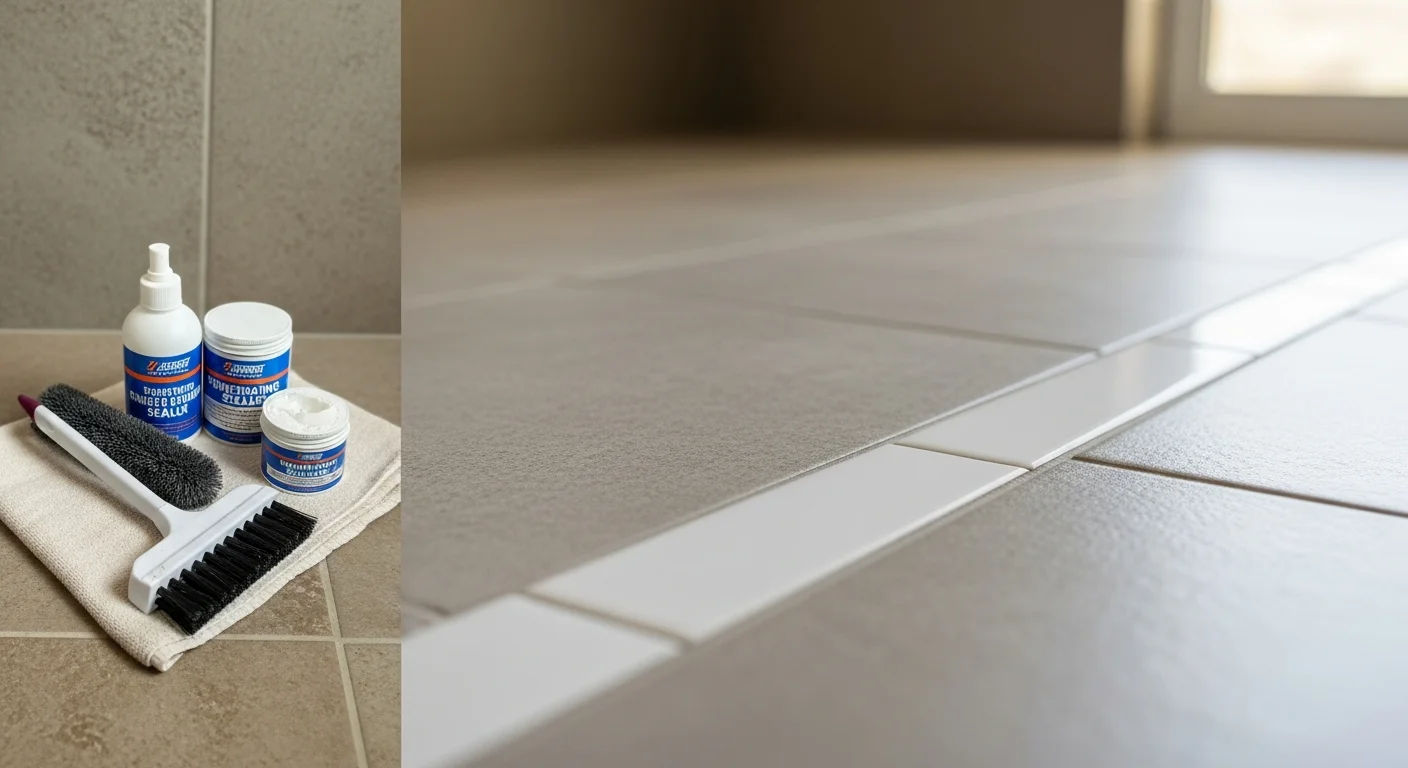 Close-up of freshly cleaned and sealed white grout lines between floor tiles in a Hawaii home bathroom, showing restored color and no visible mold or discoloration. A Luxe Pacific technician applies penetrating sealer to tile grout in a bright, open Hawaii kitchen.