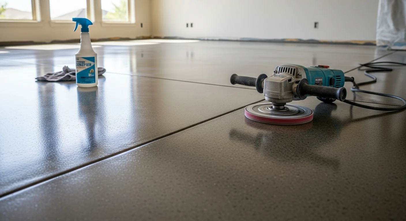 A polished concrete floor inside a Hawaii home showing a smooth, light-reflecting satin finish across an open living area. The sealed surface contrasts with the natural light coming through wide windows typical of island residential construction.