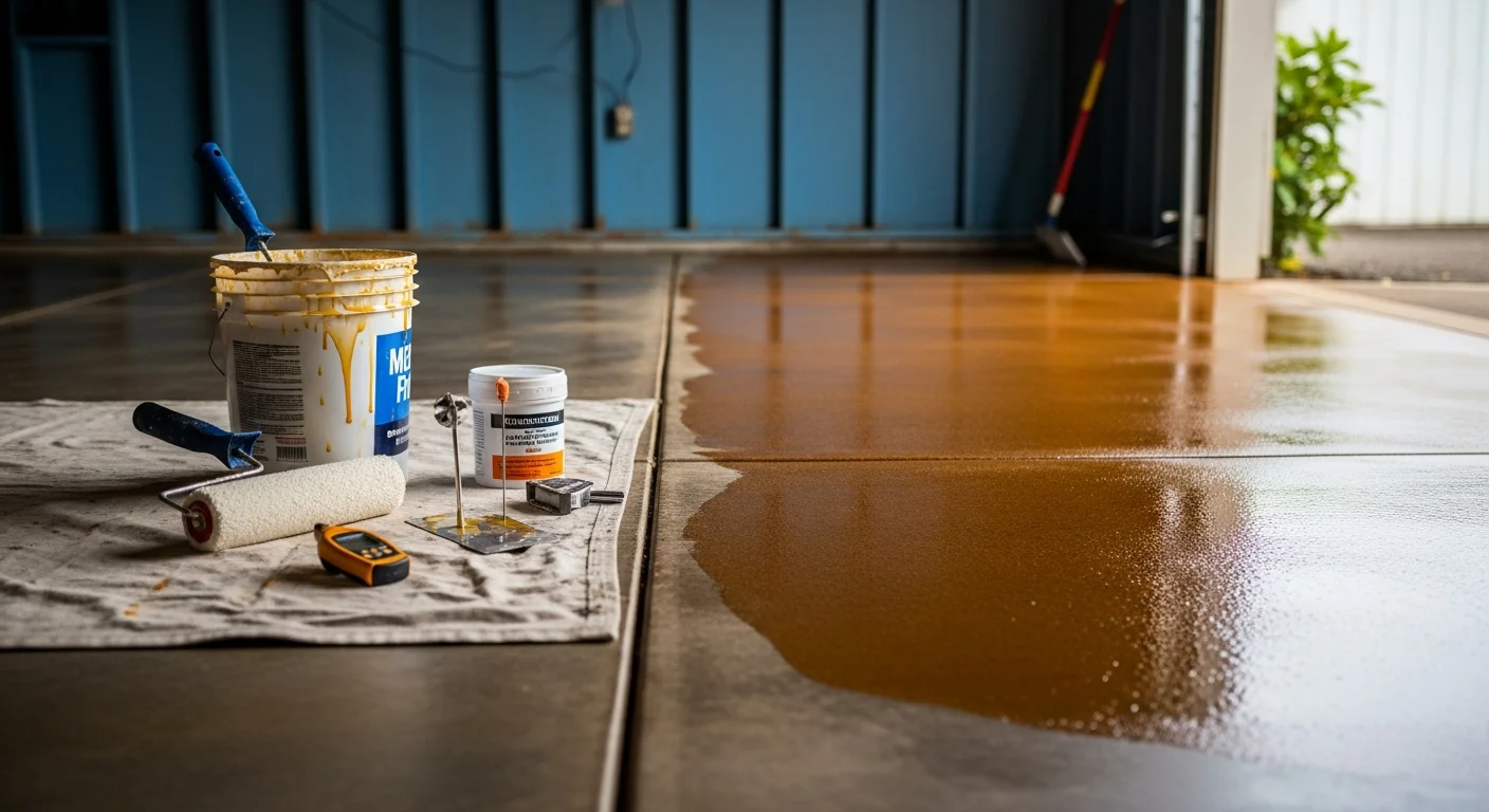 A freshly applied glossy resin coating on a concrete garage floor inside a Hawaii residential property, showing a smooth, seamless surface with a decorative flake finish. The floor reflects overhead lighting and shows no cracks, stains, or moisture damage.