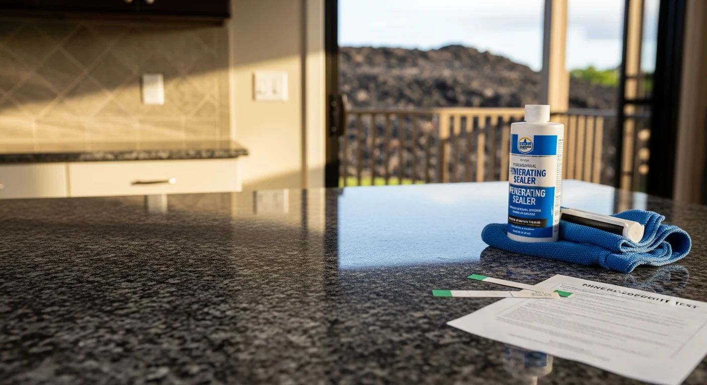 A sealed natural stone countertop inside a Hawaii home showing a clean, even surface with water beading on the finish. A technician from Luxe Pacific applies penetrating sealer to a basalt lanai floor with trade wind-exposed outdoor stone visible in the background.