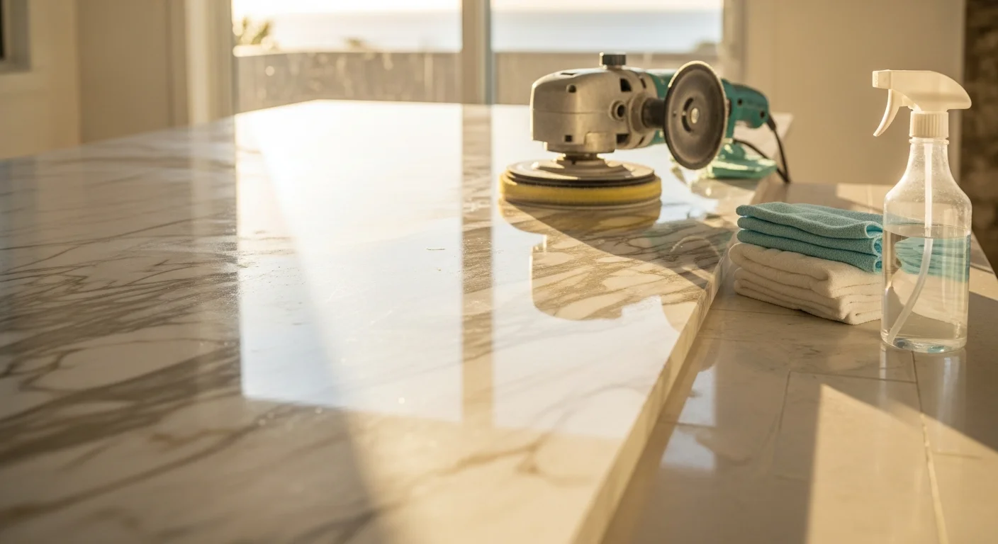 A polished natural stone floor in a Hawaii home after professional restoration by Luxe Pacific, showing a clean, even surface free of etching and salt-air staining. The restored stone reflects light evenly across the surface in a coastal Hawaii interior setting.