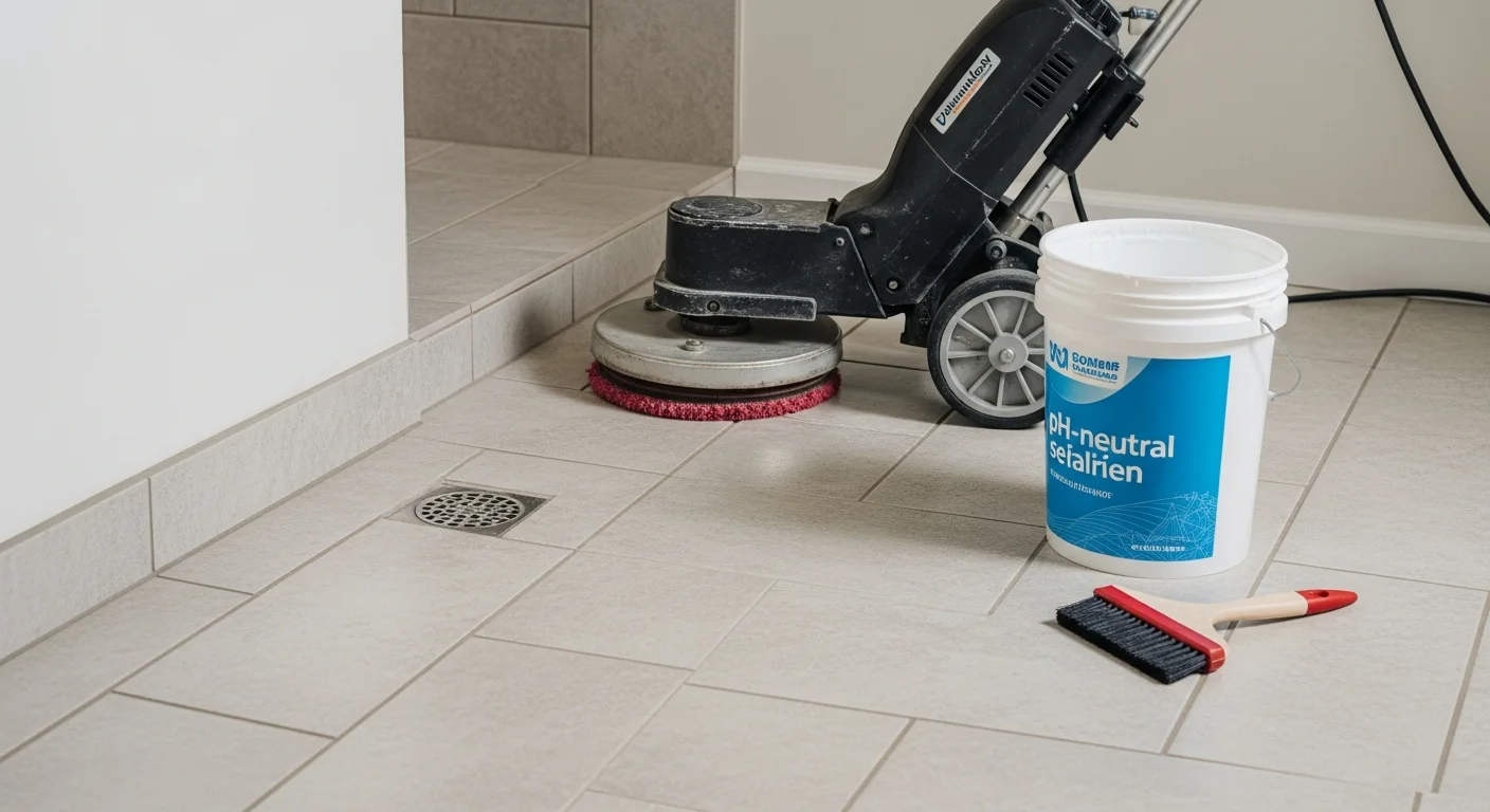 Close-up of restored tile floor in a Hawaii home showing clean, evenly colored grout lines next to a visibly stained and darkened section before treatment. A professional stone and tile technician applies sealer to the cleaned surface in a bright, open interior space.