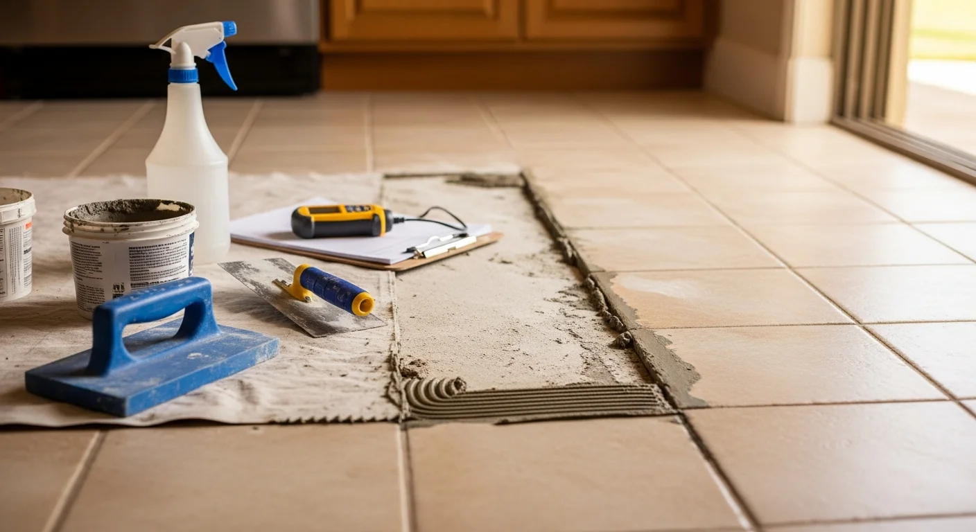 Close-up of a freshly repaired stone tile floor in a Hawaii home, showing clean grout lines and flush tile surfaces in a bathroom or lanai setting. A professional tile technician inspects the finished repair area with tools visible nearby.